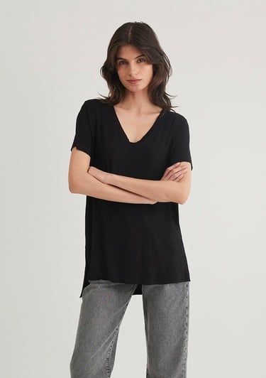  Mavi V Yaka Siyah Basic Viskoz Tişört Loose Fit / Bol Rahat Kesim 166775-900
