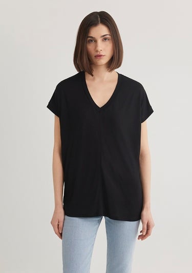  Mavi V Yaka Siyah Basic Viskoz Tişört Loose Fit / Bol Rahat Kesim 166449-900