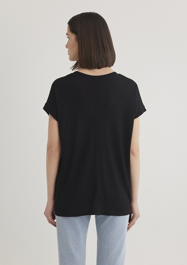  Mavi V Yaka Siyah Basic Viskoz Tişört Loose Fit / Bol Rahat Kesim 166449-900