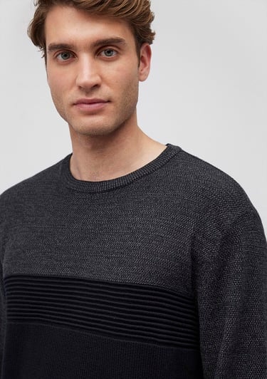  Mavi Blok Renkli Bisiklet Yaka Kazak Fitted / Vücuda Oturan Kesim 070377-900