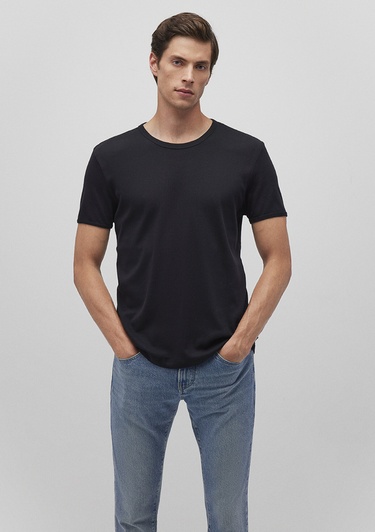  Mavi Ribana Detaylı Siyah Tişört Fitted / Vücuda Oturan Kesim 063747-900