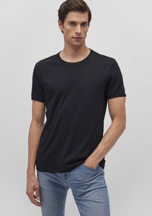  Mavi Ribana Detaylı Siyah Tişört Fitted / Vücuda Oturan Kesim 063747-900