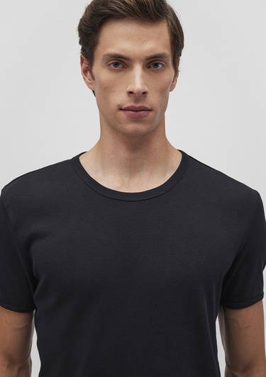  Mavi Ribana Detaylı Siyah Tişört Fitted / Vücuda Oturan Kesim 063747-900