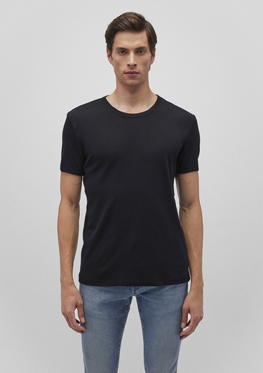  Mavi Ribana Detaylı Siyah Tişört Fitted / Vücuda Oturan Kesim 063747-900