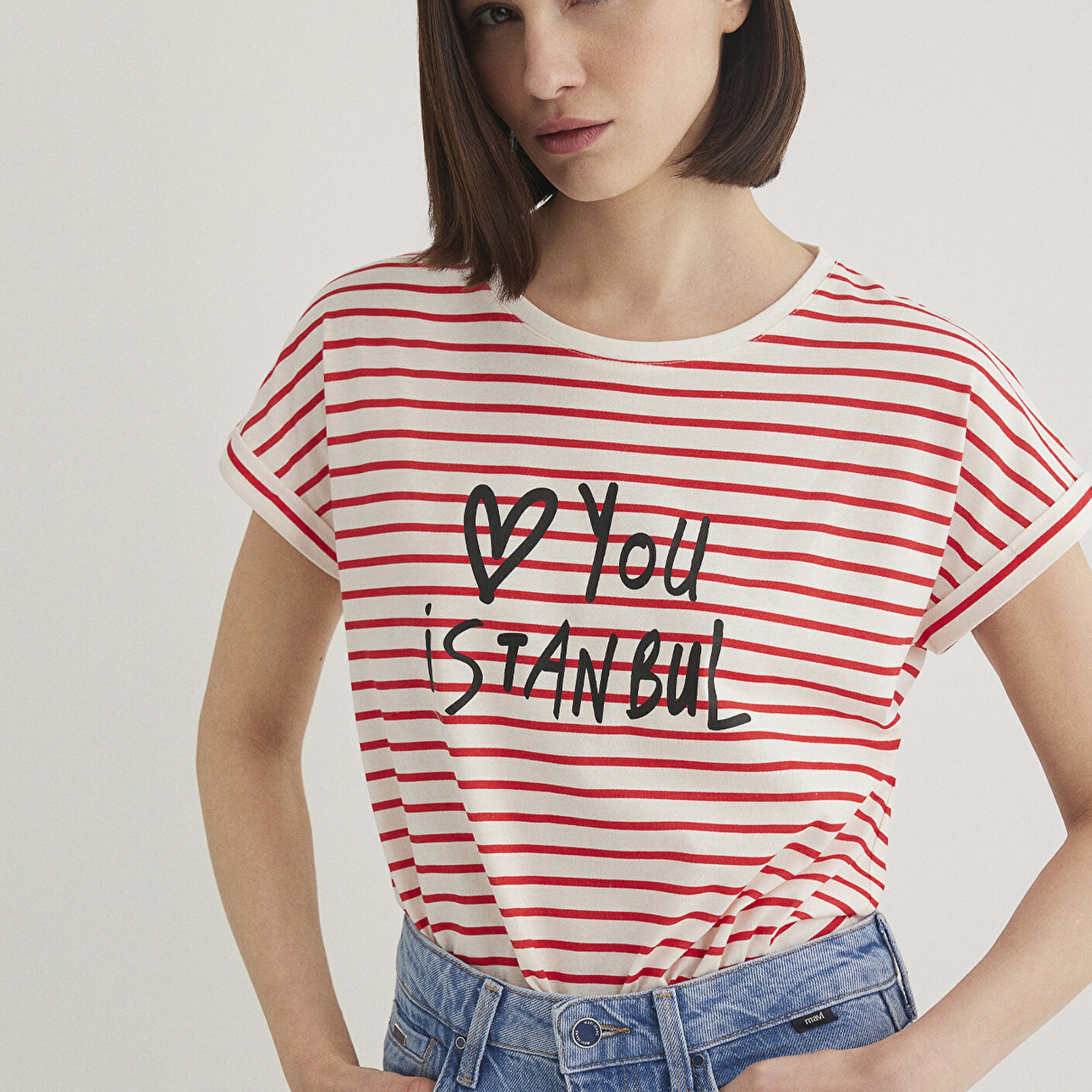 Mavi Love You Baskılı Çizgili Istanbul Tişört Regular Fit / Normal Kesim 167986-26829