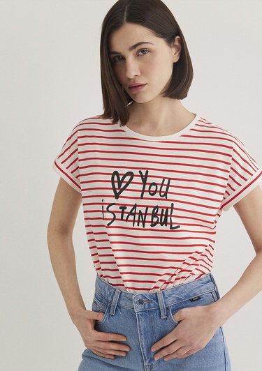  Mavi Love You Baskılı Çizgili Istanbul Tişört Regular Fit / Normal Kesim 167986-26829