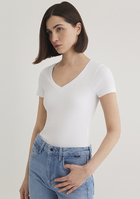  Mavi Beyaz Basic V Yaka Tişört Fitted / Vücuda Oturan Kesim 1601040-620