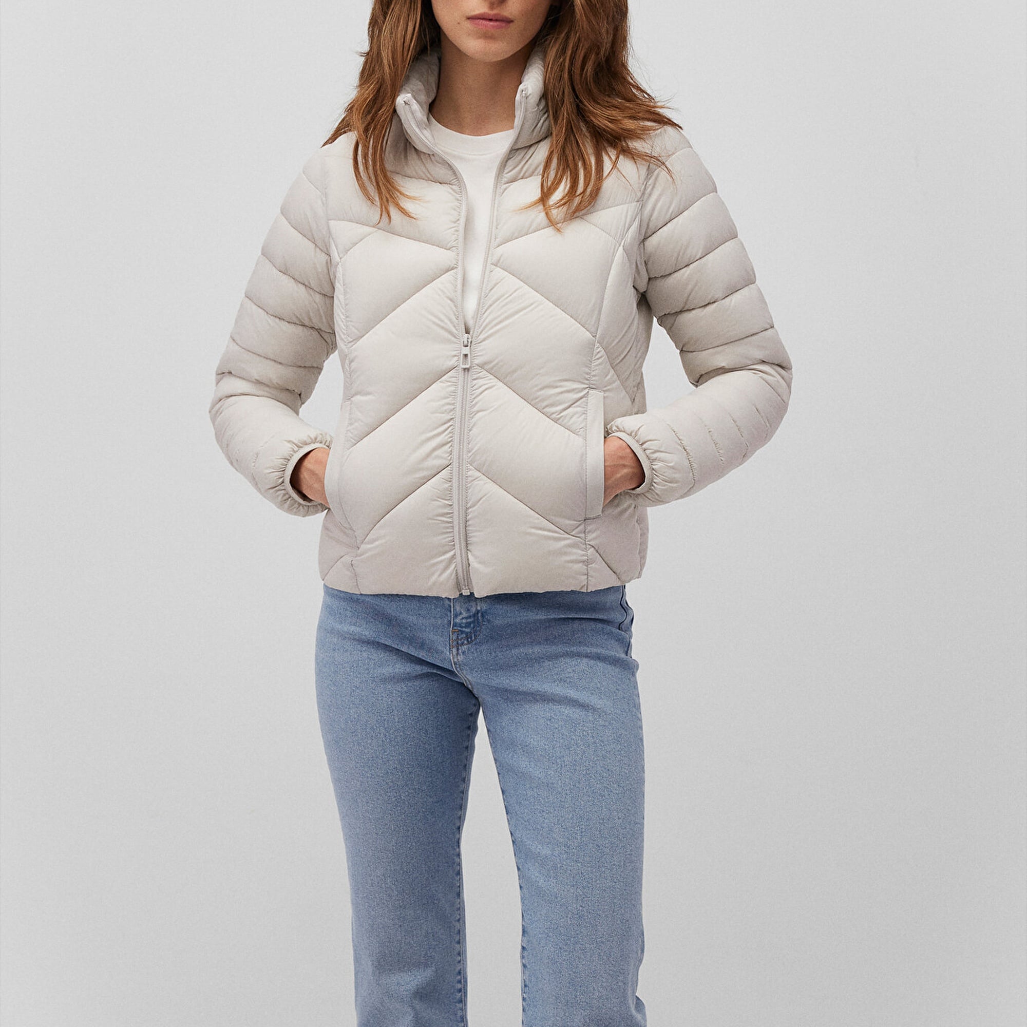 Mavi Dik Yaka Bej Şişme Mont 110698-27105