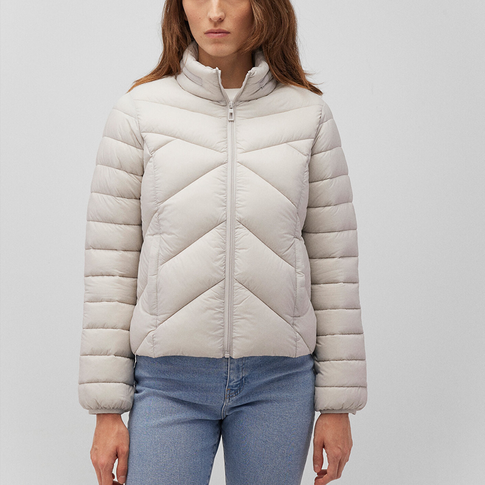 Mavi Dik Yaka Bej Şişme Mont 110698-27105