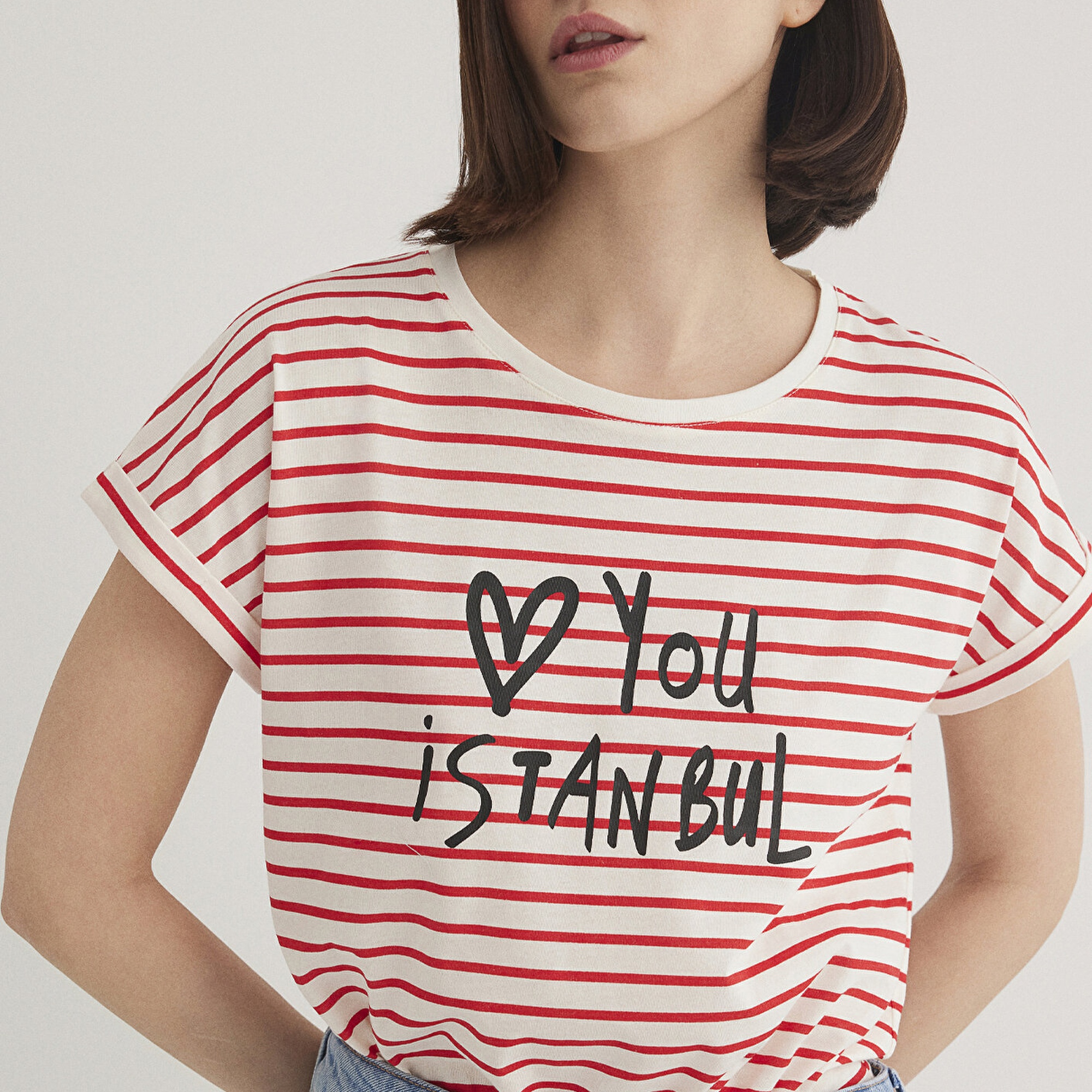 Mavi Love You Baskılı Çizgili Istanbul Tişört Regular Fit / Normal Kesim 167986-26829