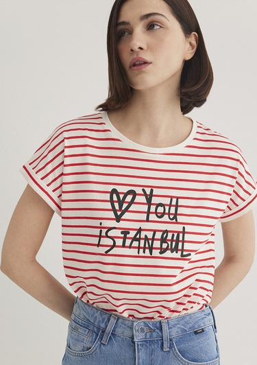  Mavi Love You Baskılı Çizgili Istanbul Tişört Regular Fit / Normal Kesim 167986-26829