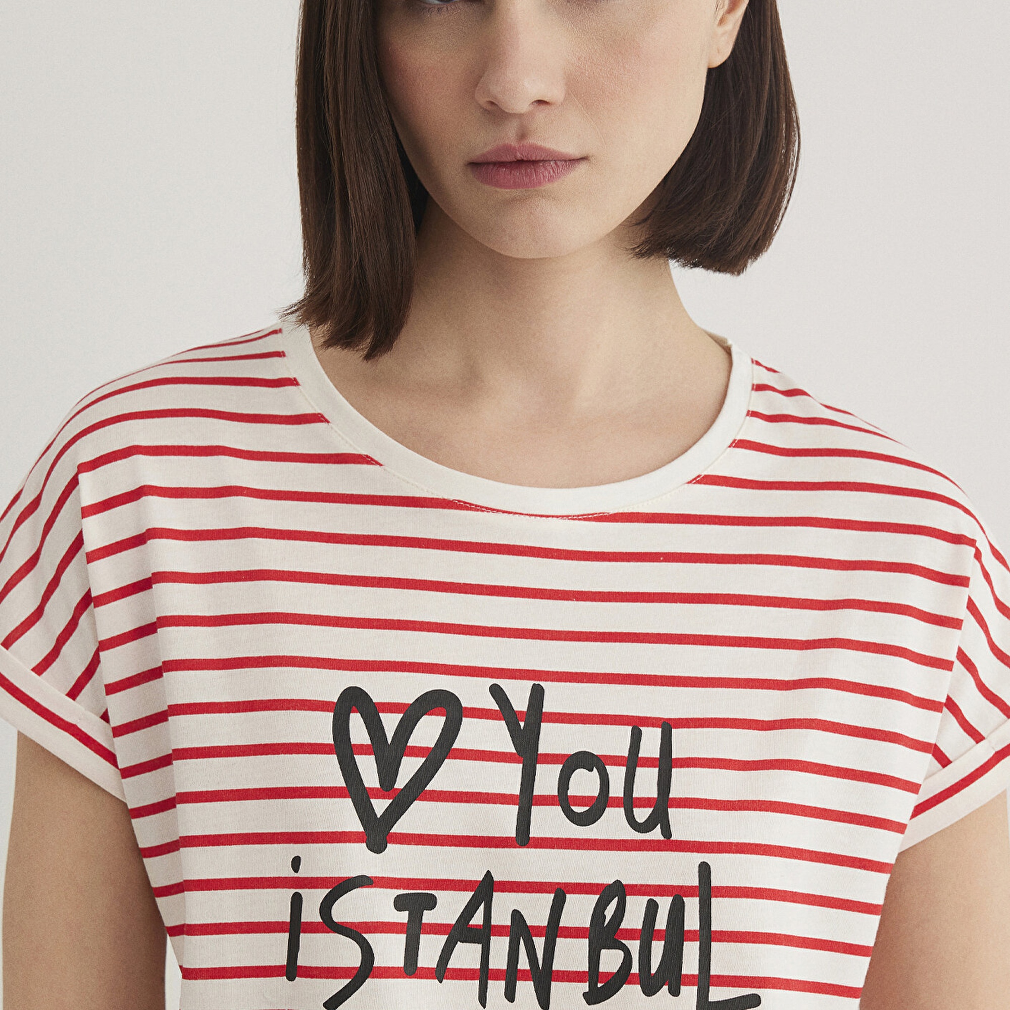 Mavi Love You Baskılı Çizgili Istanbul Tişört Regular Fit / Normal Kesim 167986-26829