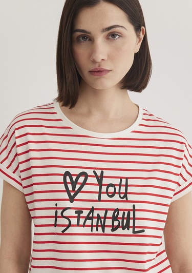  Mavi Love You Baskılı Çizgili Istanbul Tişört Regular Fit / Normal Kesim 167986-26829