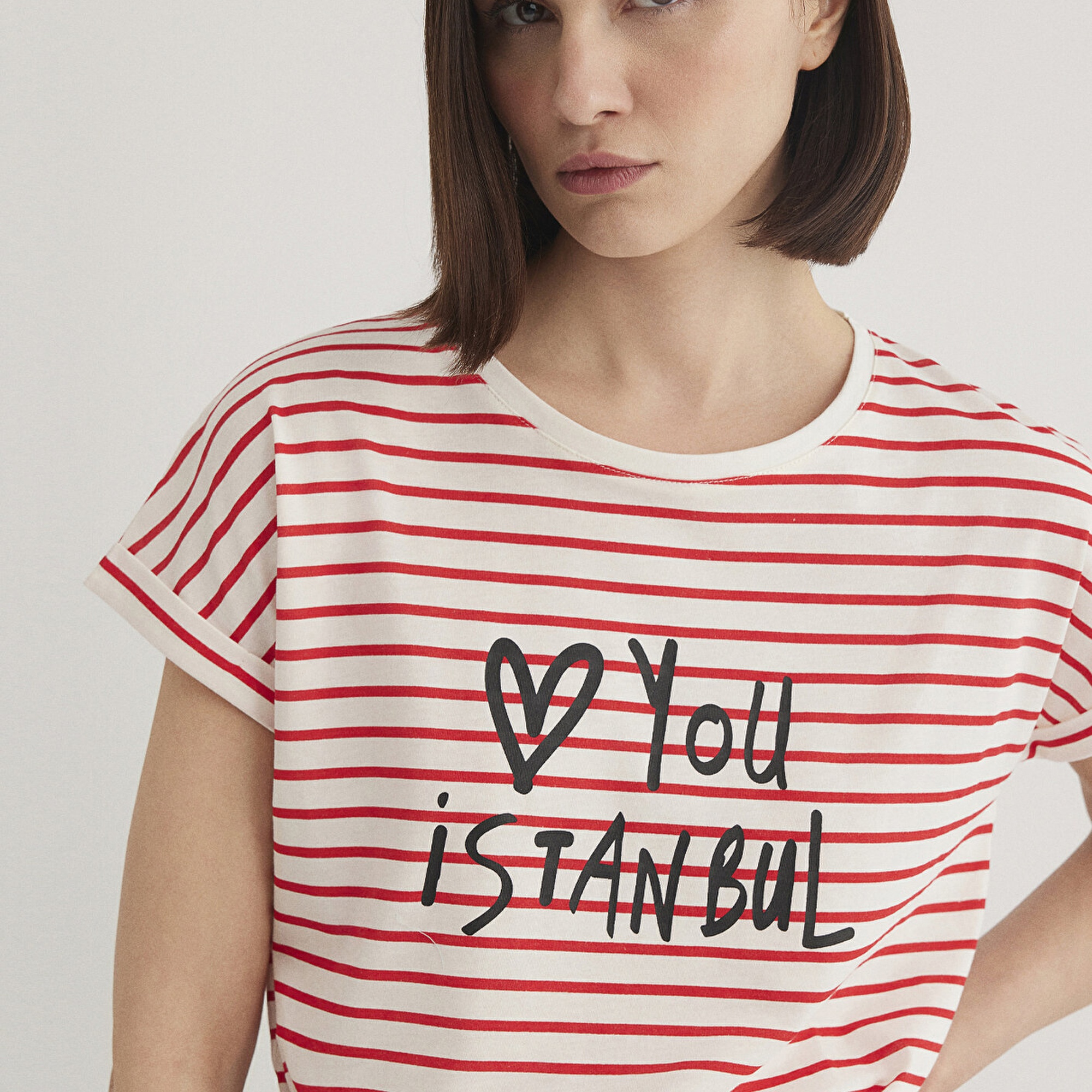 Mavi Love You Baskılı Çizgili Istanbul Tişört Regular Fit / Normal Kesim 167986-26829