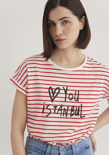  Mavi Love You Baskılı Çizgili Istanbul Tişört Regular Fit / Normal Kesim 167986-26829