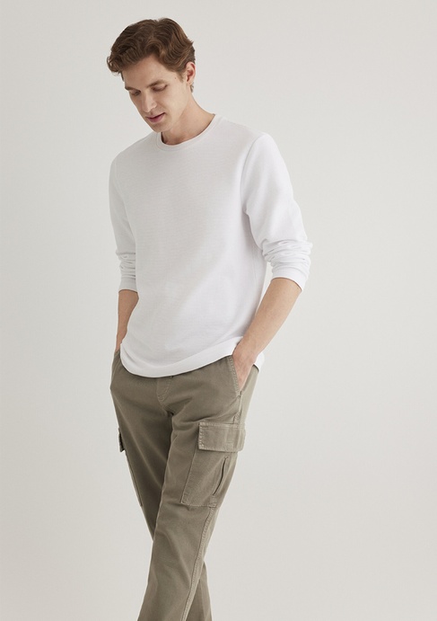  Mavi Uzun Kollu Dokulu Beyaz Tişört Slim Fit / Dar Kesim 064622-20454