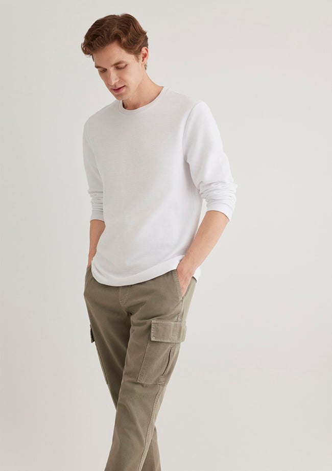  Mavi Uzun Kollu Dokulu Beyaz Tişört Slim Fit / Dar Kesim 064622-20454