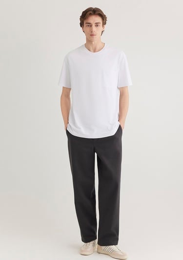  Mavi Cep Detaylı Beyaz Basic Tişört Loose Fit / Bol Rahat Kesim 066248-620