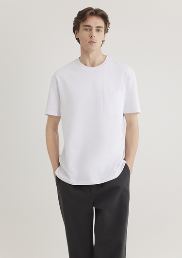  Mavi Cep Detaylı Beyaz Basic Tişört Loose Fit / Bol Rahat Kesim 066248-620