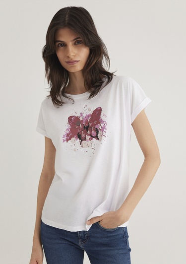  Mavi Kelebek Baskılı Beyaz İstanbul Tişört Regular Fit / Normal Kesim 167576-620