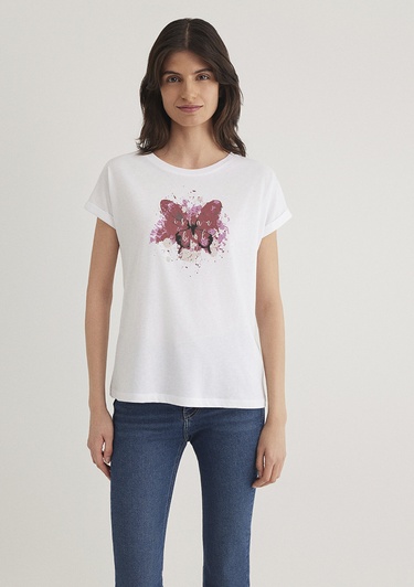  Mavi Kelebek Baskılı Beyaz İstanbul Tişört Regular Fit / Normal Kesim 167576-620