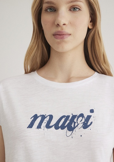  Mavi Mavi Logo Baskılı Beyaz Tişört Loose Fit / Bol Rahat Kesim 166422-620