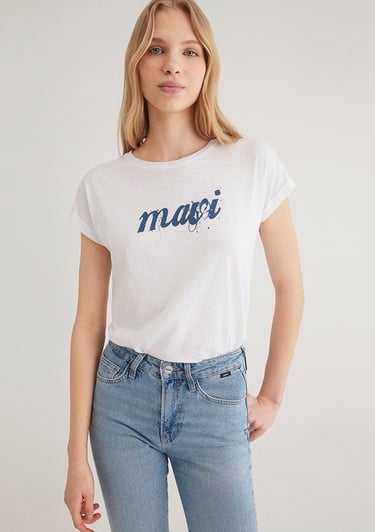  Mavi Mavi Logo Baskılı Beyaz Tişört Loose Fit / Bol Rahat Kesim 166422-620