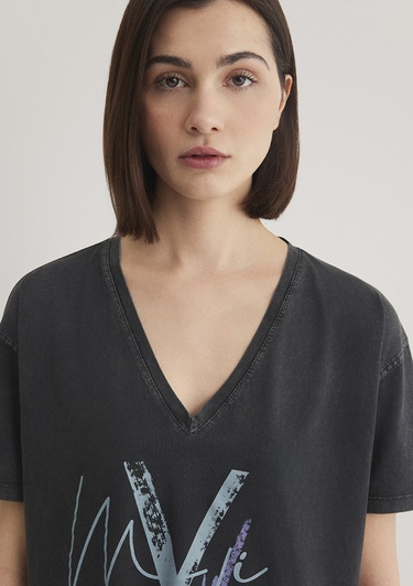  Mavi Mavi Baskılı Antrasit İstanbul Tişört Loose Fit / Bol Rahat Kesim 1601176-900