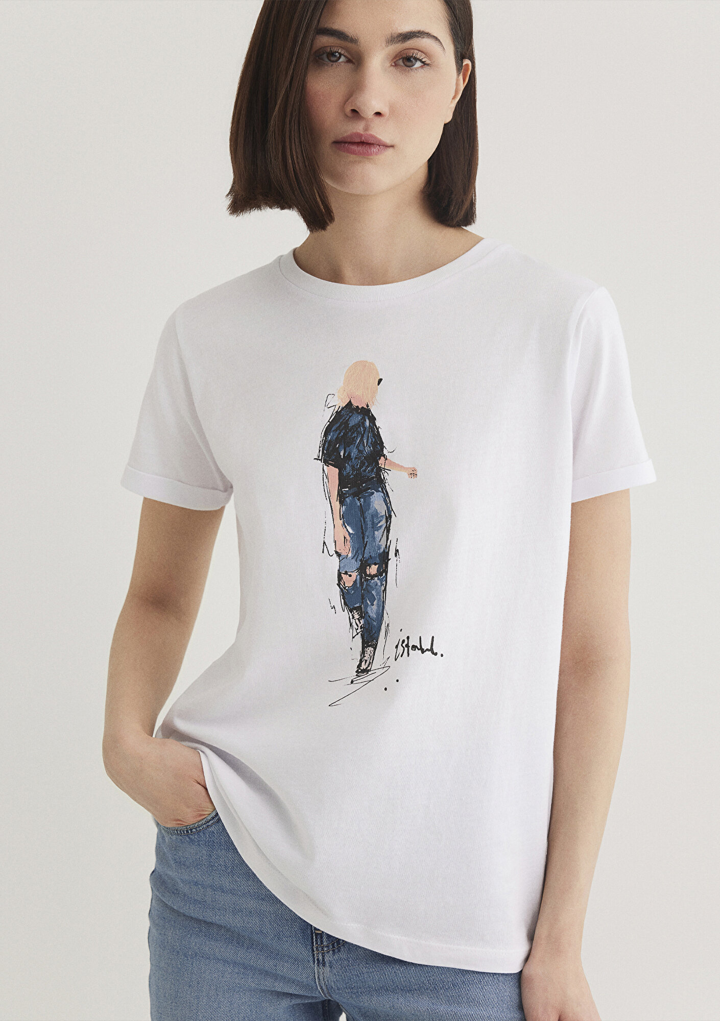  Mavi Denim Kız Baskılı Beyaz İstanbul Tişört Regular Fit / Normal Kesim 1610222-620