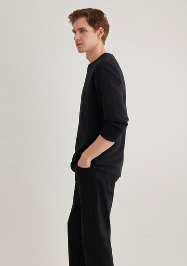  Mavi Uzun Kollu Dokulu Siyah Tişört Slim Fit / Dar Kesim 064622-21842