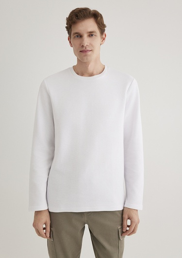  Mavi Uzun Kollu Dokulu Beyaz Tişört Slim Fit / Dar Kesim 064622-20454