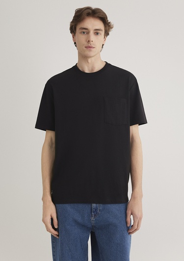  Mavi Cep Detaylı Siyah Tişört Loose Fit / Bol Rahat Kesim 066248-900