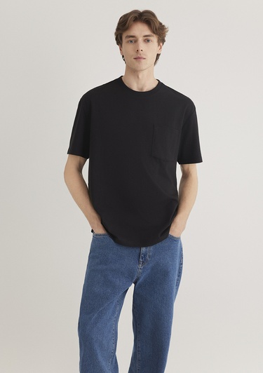  Mavi Cep Detaylı Siyah Tişört Loose Fit / Bol Rahat Kesim 066248-900