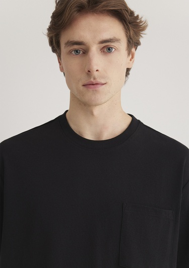  Mavi Cep Detaylı Siyah Tişört Loose Fit / Bol Rahat Kesim 066248-900