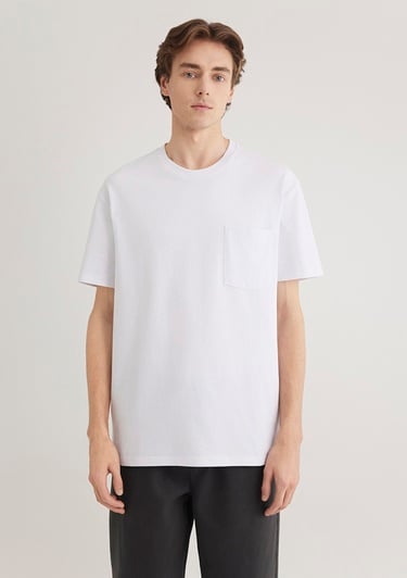  Mavi Cep Detaylı Beyaz Basic Tişört Loose Fit / Bol Rahat Kesim 066248-620