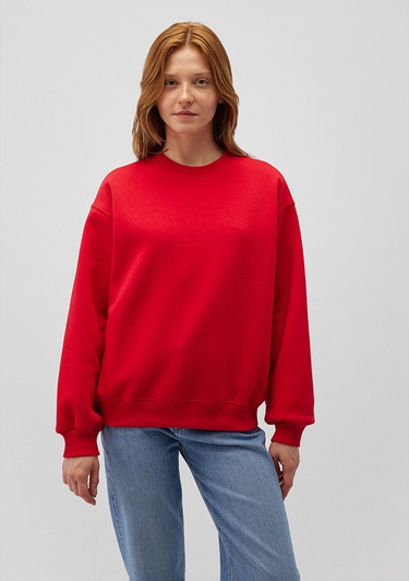  Mavi Bisiklet Yaka Kırmızı Basic Sweatshirt 1610198-80791