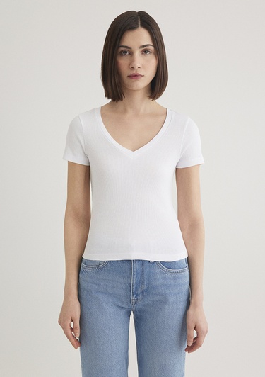  Mavi Beyaz Basic V Yaka Tişört Fitted / Vücuda Oturan Kesim 1601040-620