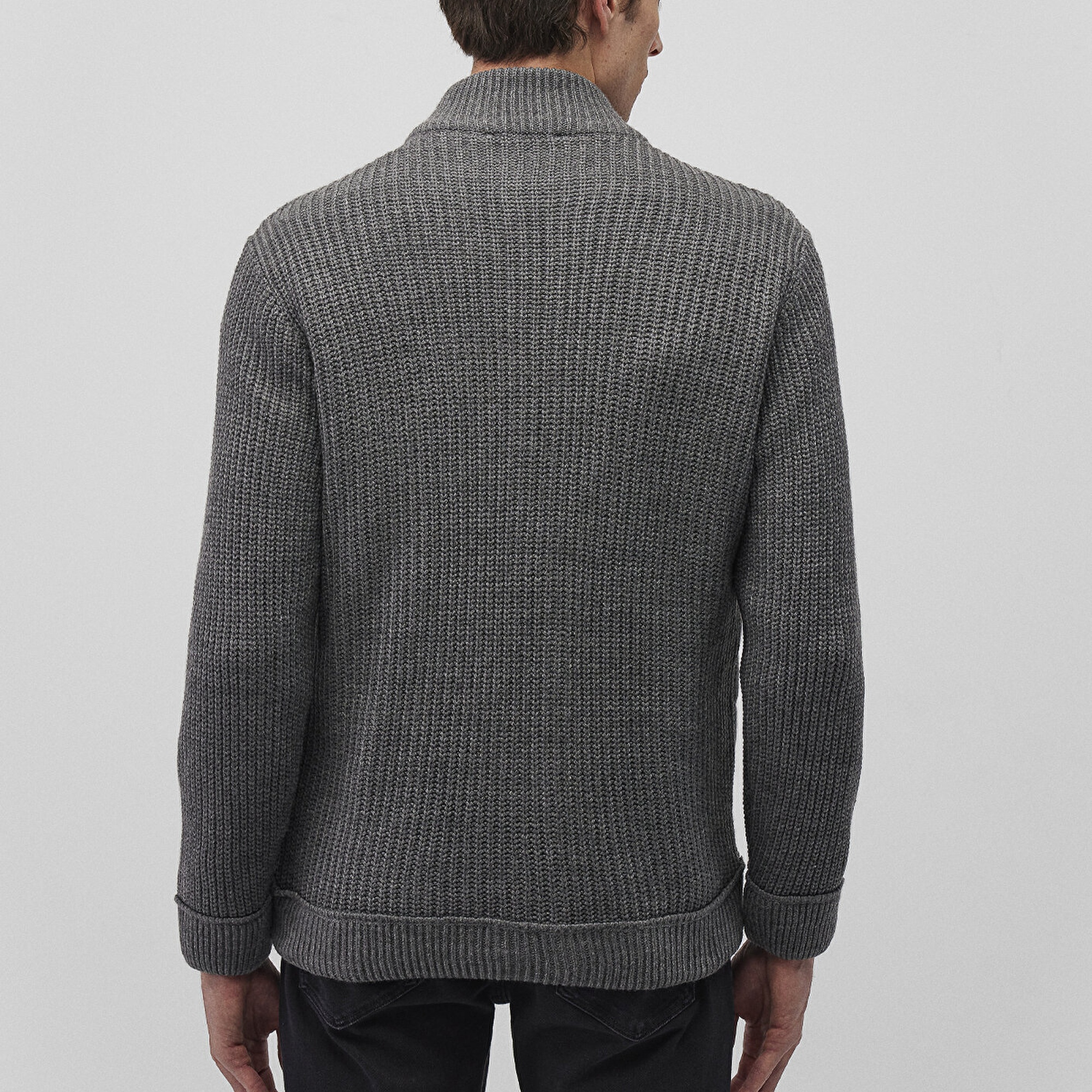 Mavi Fermuarlı Gri Triko Hırka Slim Fit / Dar Kesim 070804-34686