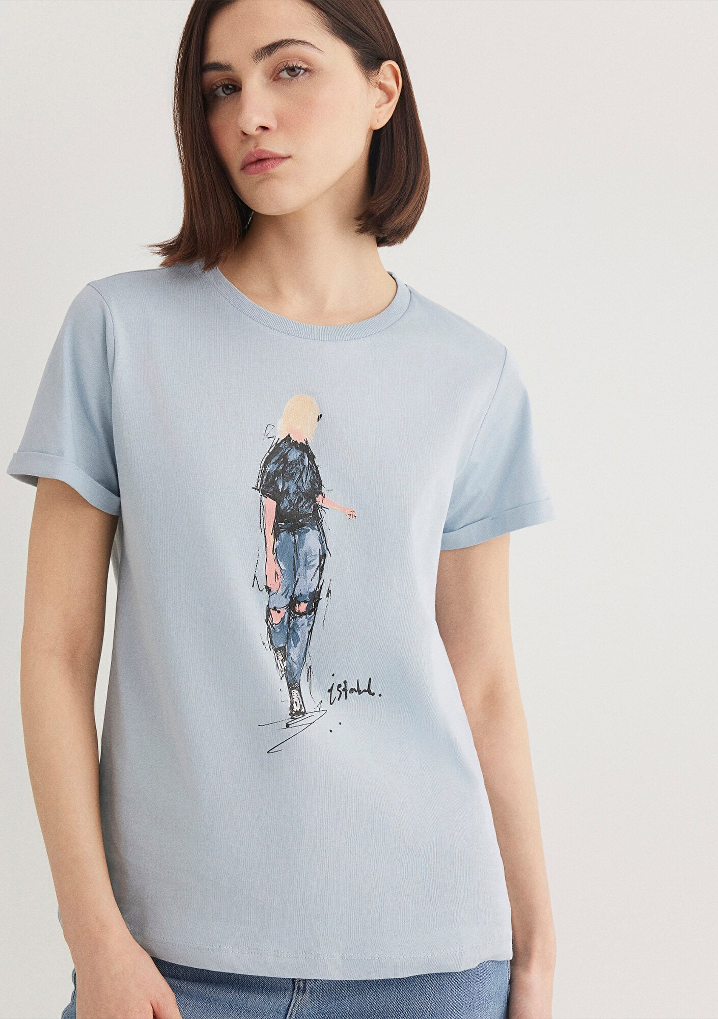  Mavi Denim Kız Baskılı Mavi İstanbul Tişört Regular Fit / Normal Kesim 1610222-70816