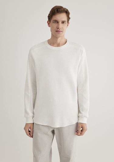  Mavi Uzun Kollu Dokulu Beyaz Basic Tişört Slim Fit / Dar Kesim 0610106-70054