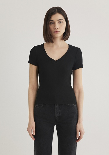  Mavi Siyah Basic V Yaka Tişört Fitted / Vücuda Oturan Kesim 1601040-900
