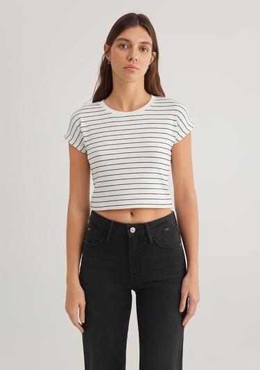  Mavi Çizgili Beyaz Basic Tişört Crop / Kısa Kesim 168382-28945