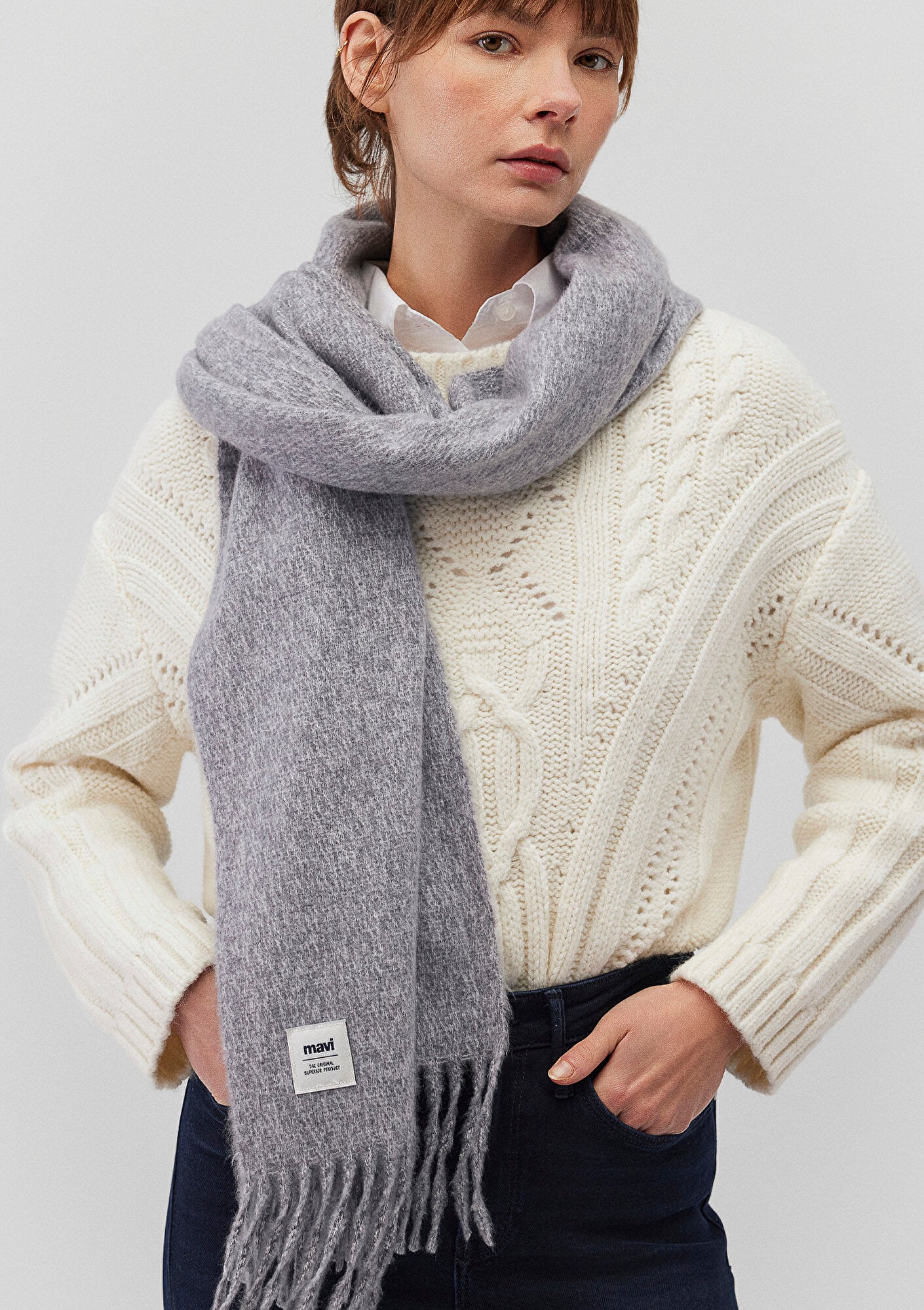  Mavi Püsküllü Gri Atkı 198940-34320