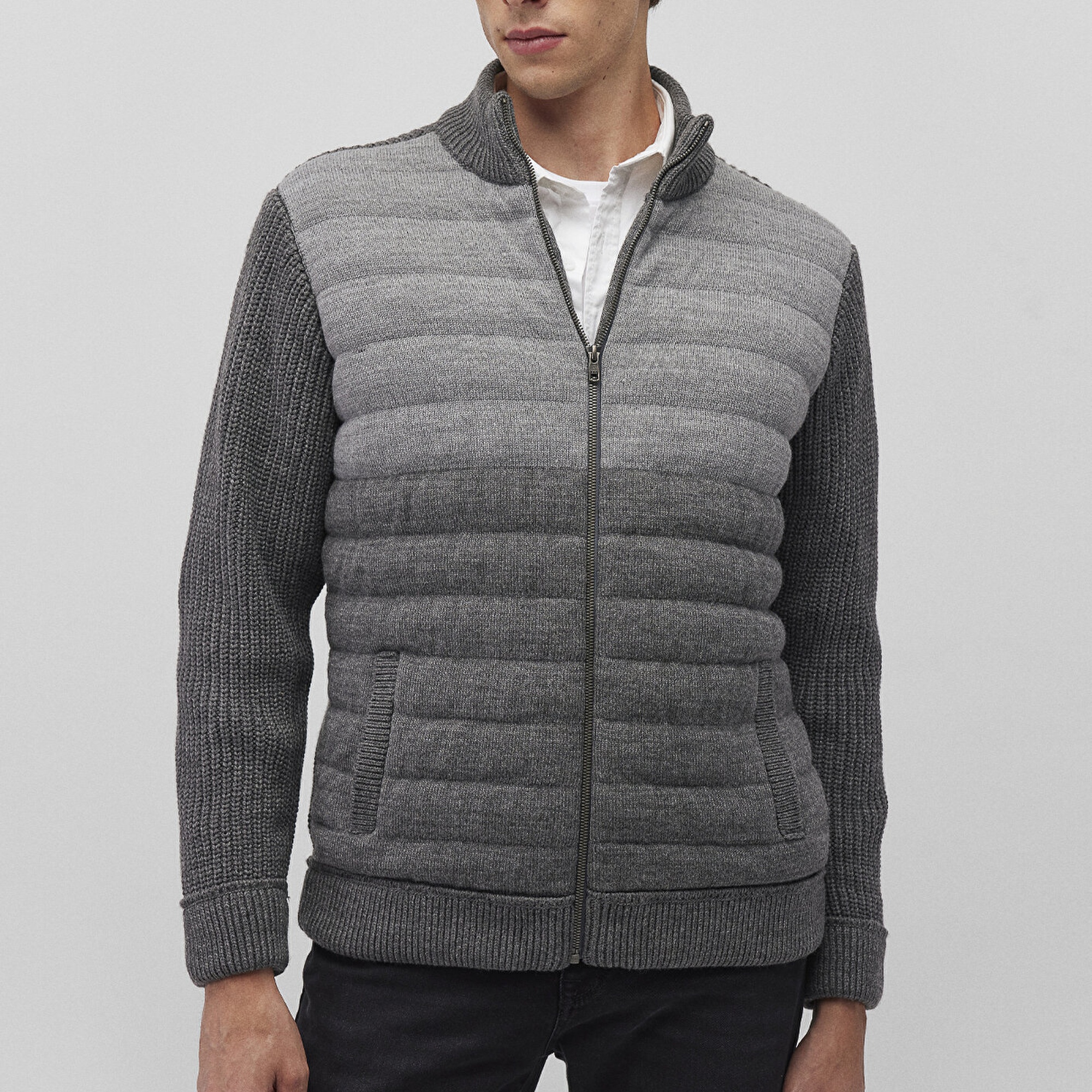 Mavi Fermuarlı Gri Triko Hırka Slim Fit / Dar Kesim 070804-34686