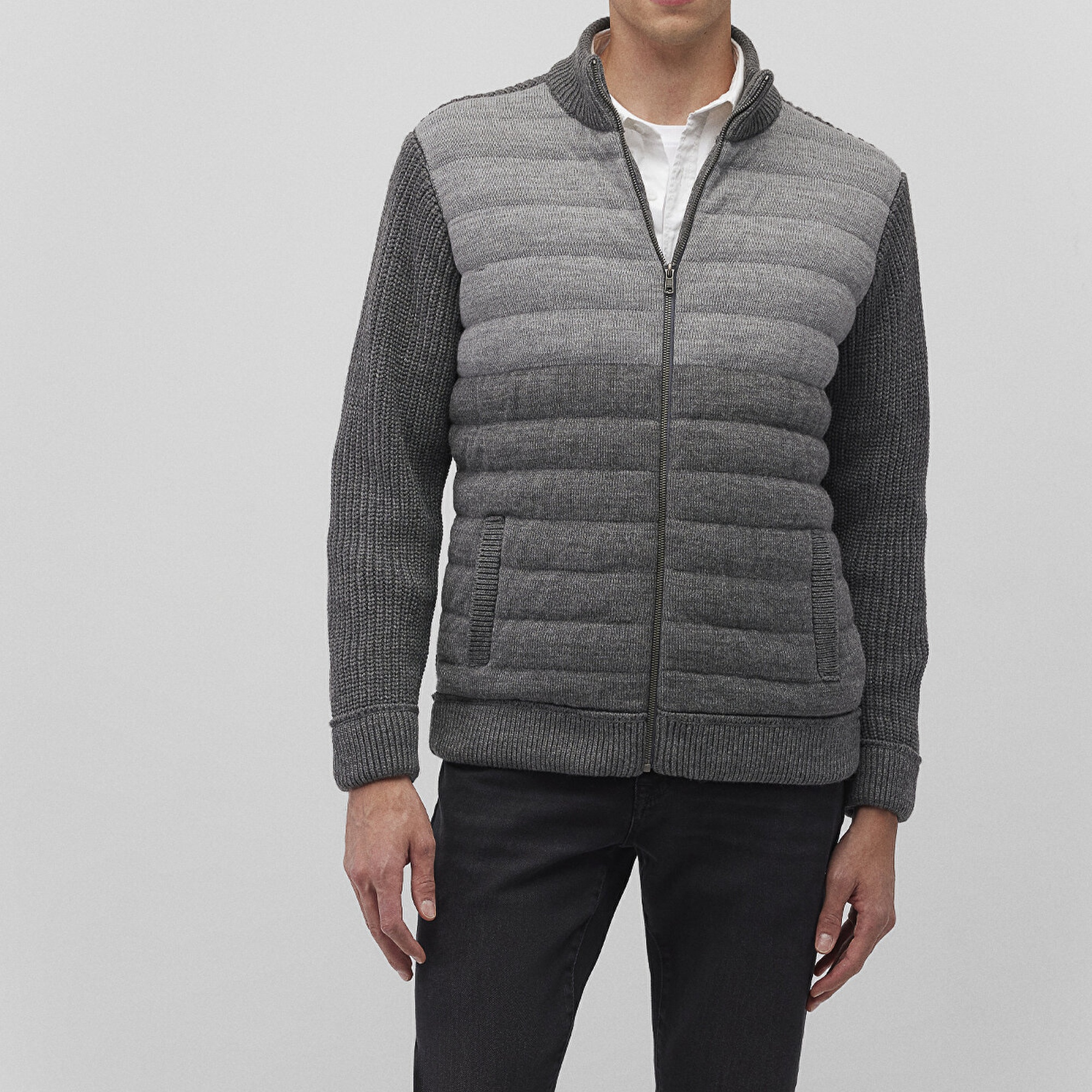 Mavi Fermuarlı Gri Triko Hırka Slim Fit / Dar Kesim 070804-34686