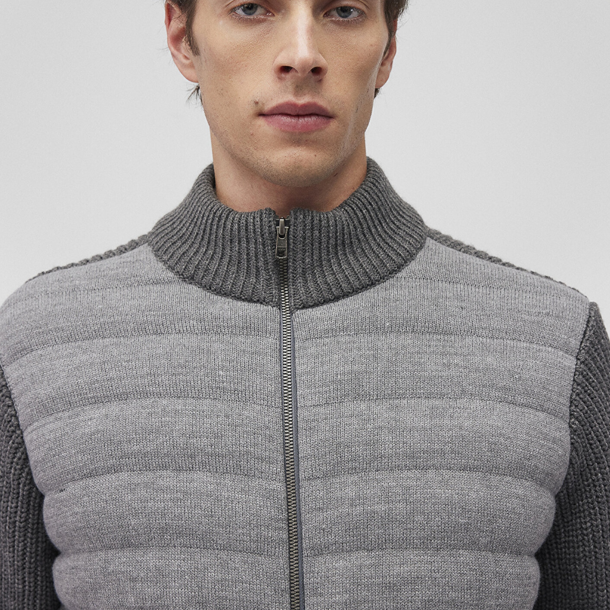 Mavi Fermuarlı Gri Triko Hırka Slim Fit / Dar Kesim 070804-34686