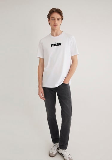  Mavi Siyah Miav Baskılı Beyaz Tişört Regular Fit / Normal Kesim 067153-602