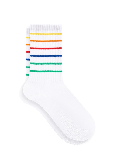  Mavi Çizgi Detaylı Beyaz Soket Çorap 1912408-620