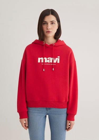  Mavi Mavi Logo Baskılı Kapüşonlu Kırmızı Sweatshirt 168334-35476