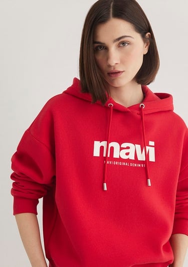  Mavi Mavi Logo Baskılı Kapüşonlu Kırmızı Sweatshirt 168334-35476